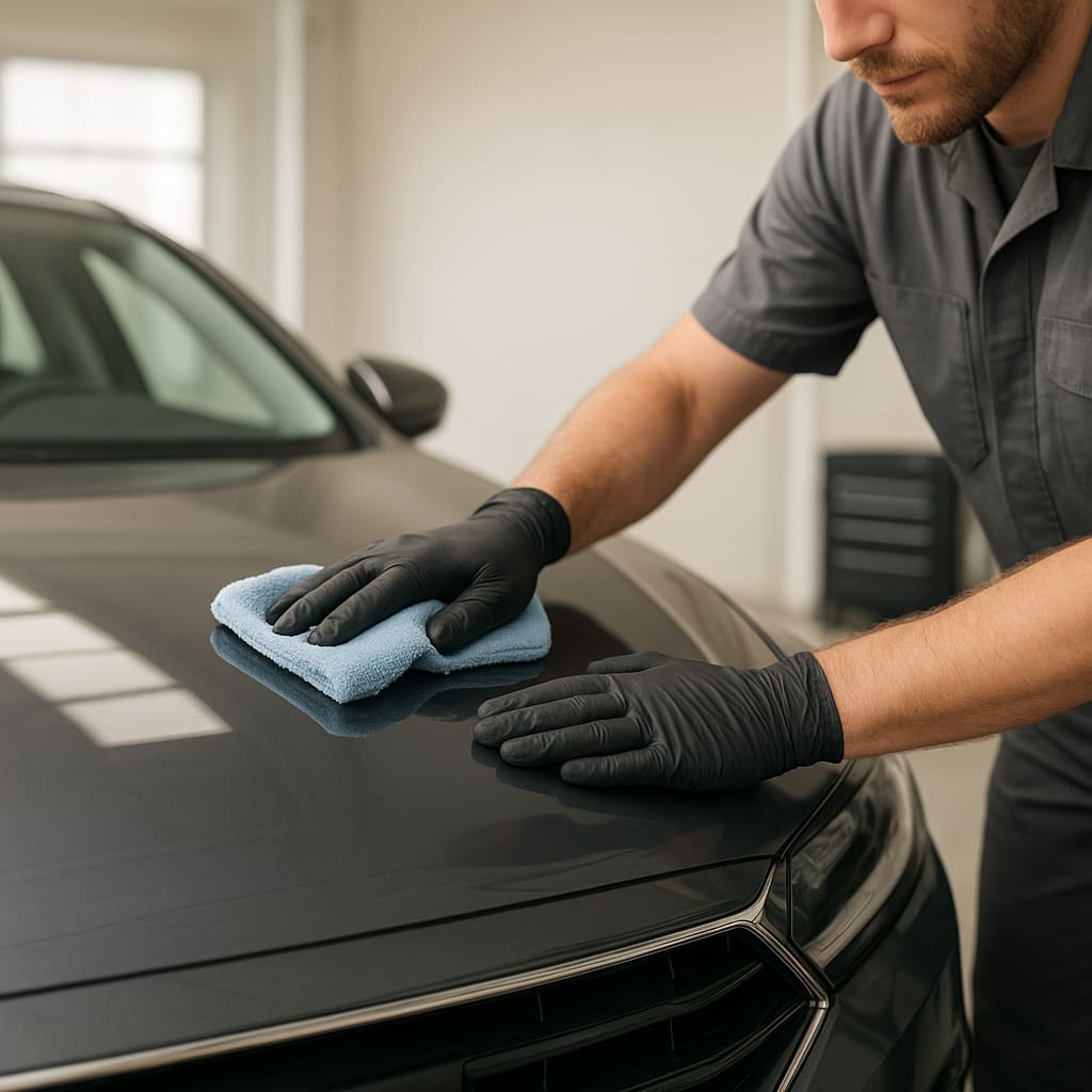 Professioneller Fahrzeugaufbereiter poliert Auto in Zürich