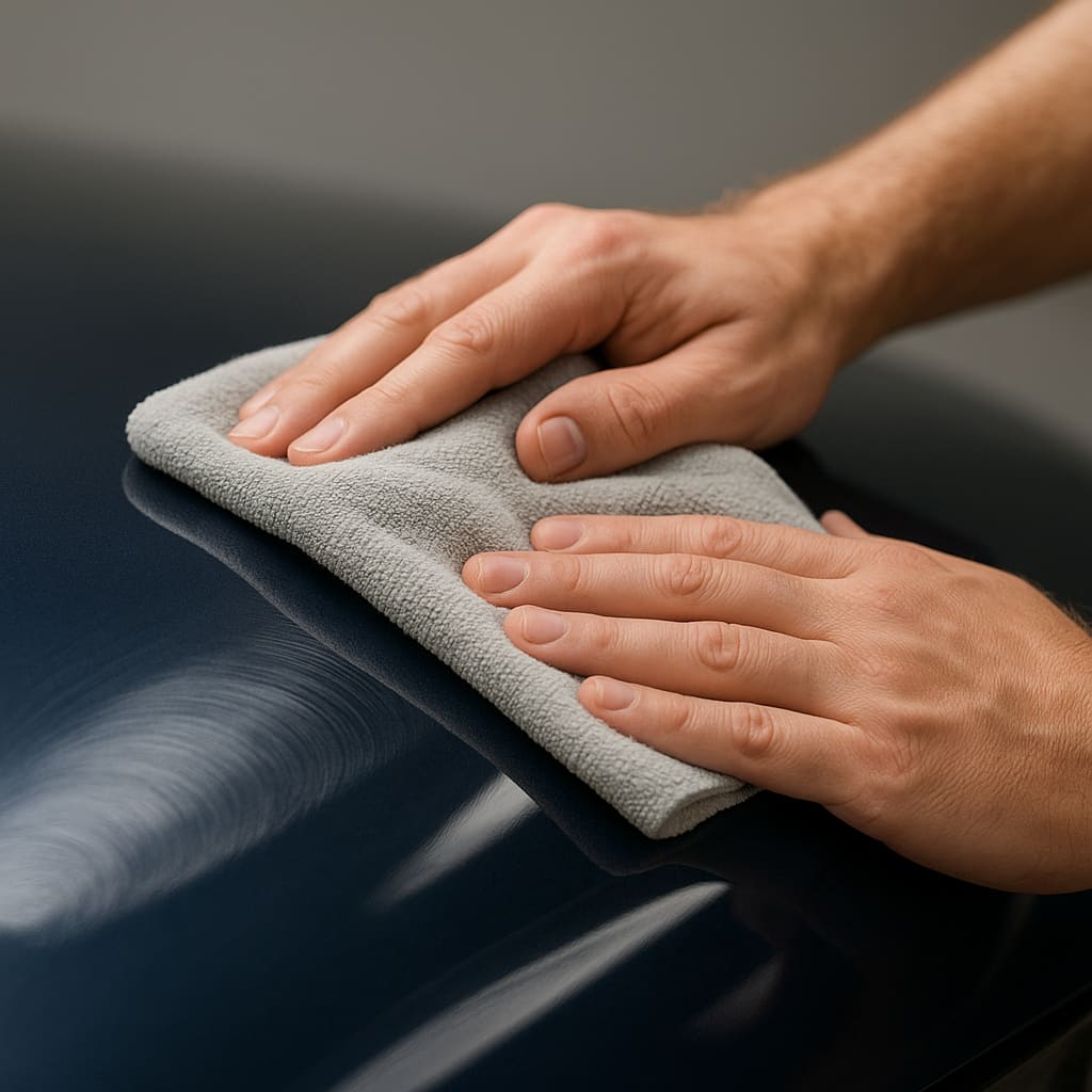 Nahaufnahme einer Politur mit Mikrofasertuch auf glänzendem Autolack